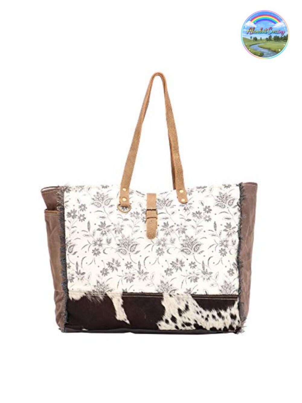 Canvas Floral Hobo Bag with Leather Strap - Women's Handbag